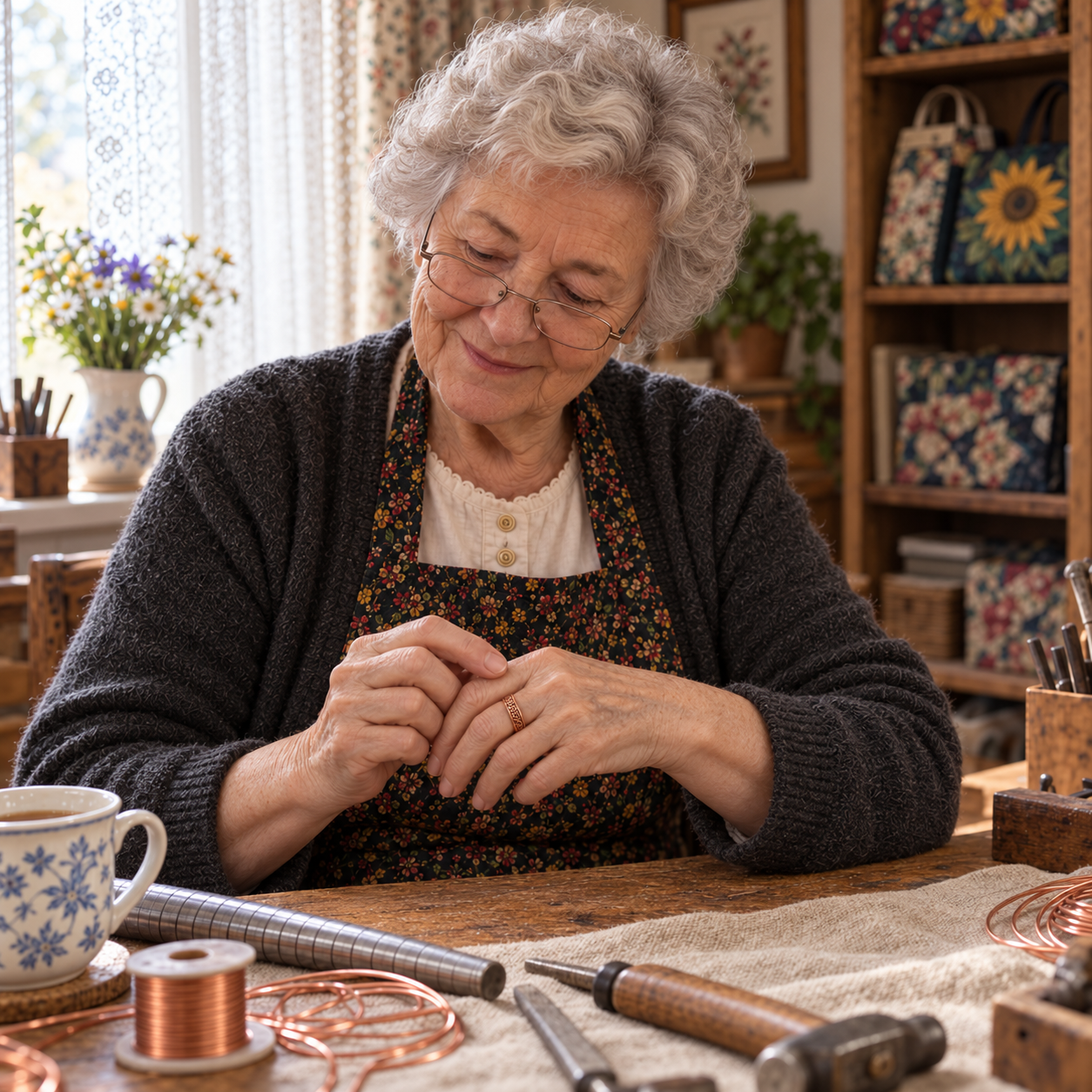 Brigittes Kupferring „Klette“ – Brigitte im Atelier