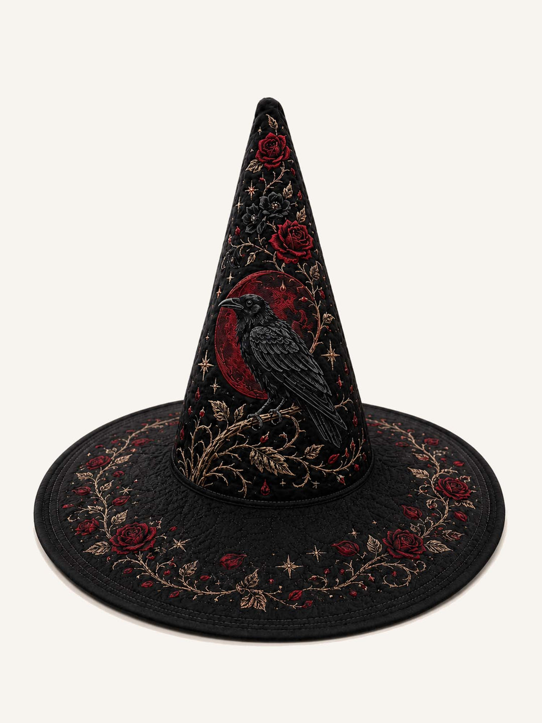 Handgefertigter gesteppter Hexenhut – Schwarze Rosen und Rabe im viktorianischen Stil