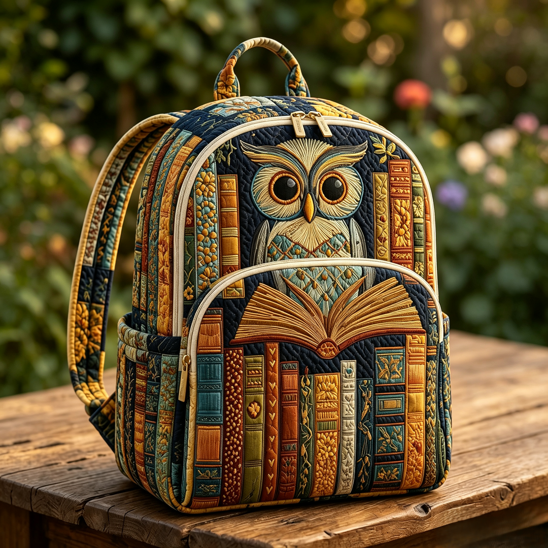Gesteppter Rucksack – Eule und Bücher von Brigitte Wien
