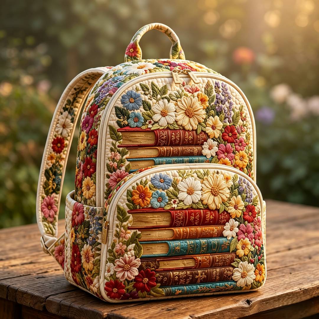 Gesteppter Rucksack – Bücher und Blumen von Brigitte Wien