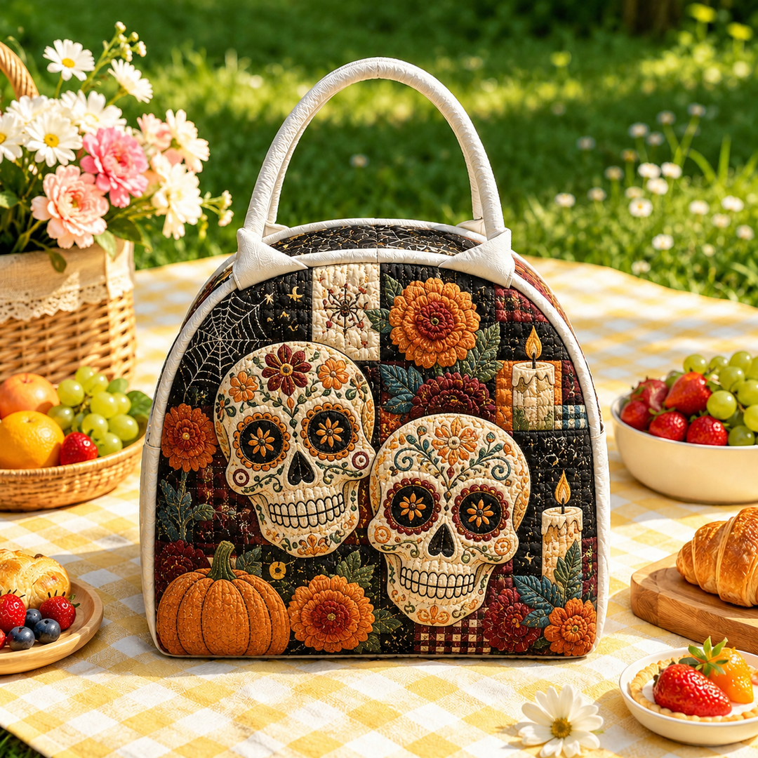 Gesteppte Jausentasche – Zuckerschädel mit Blumen