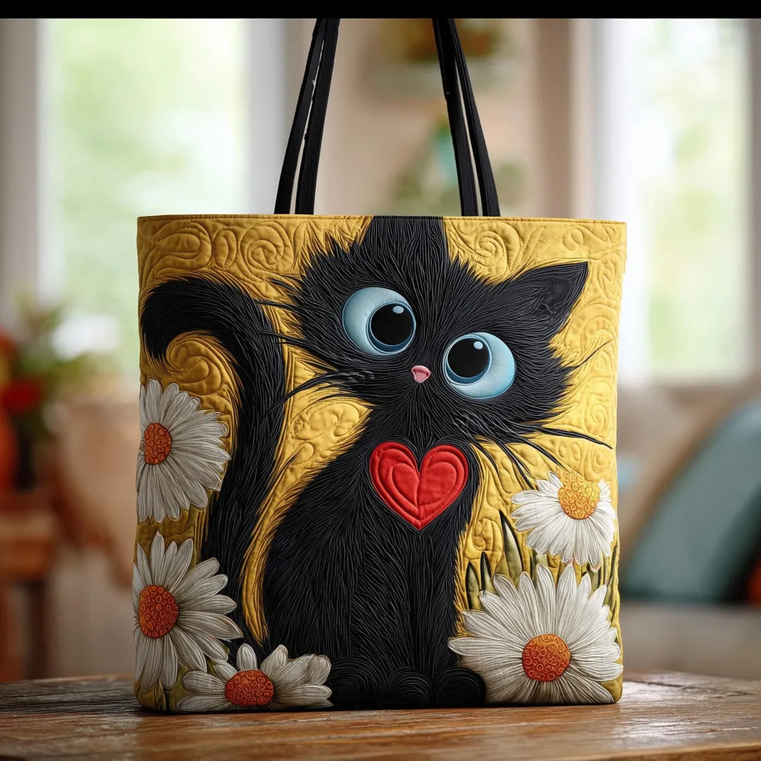 Handgemachte schwarze Katzen Tasche mit Herz und Gänseblümchen