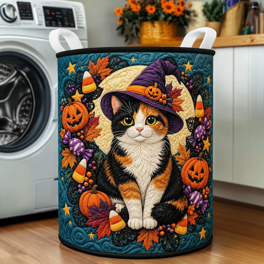 Gesteppter Wäschekorb – Dreifarbige Hexenkatze zu Halloween