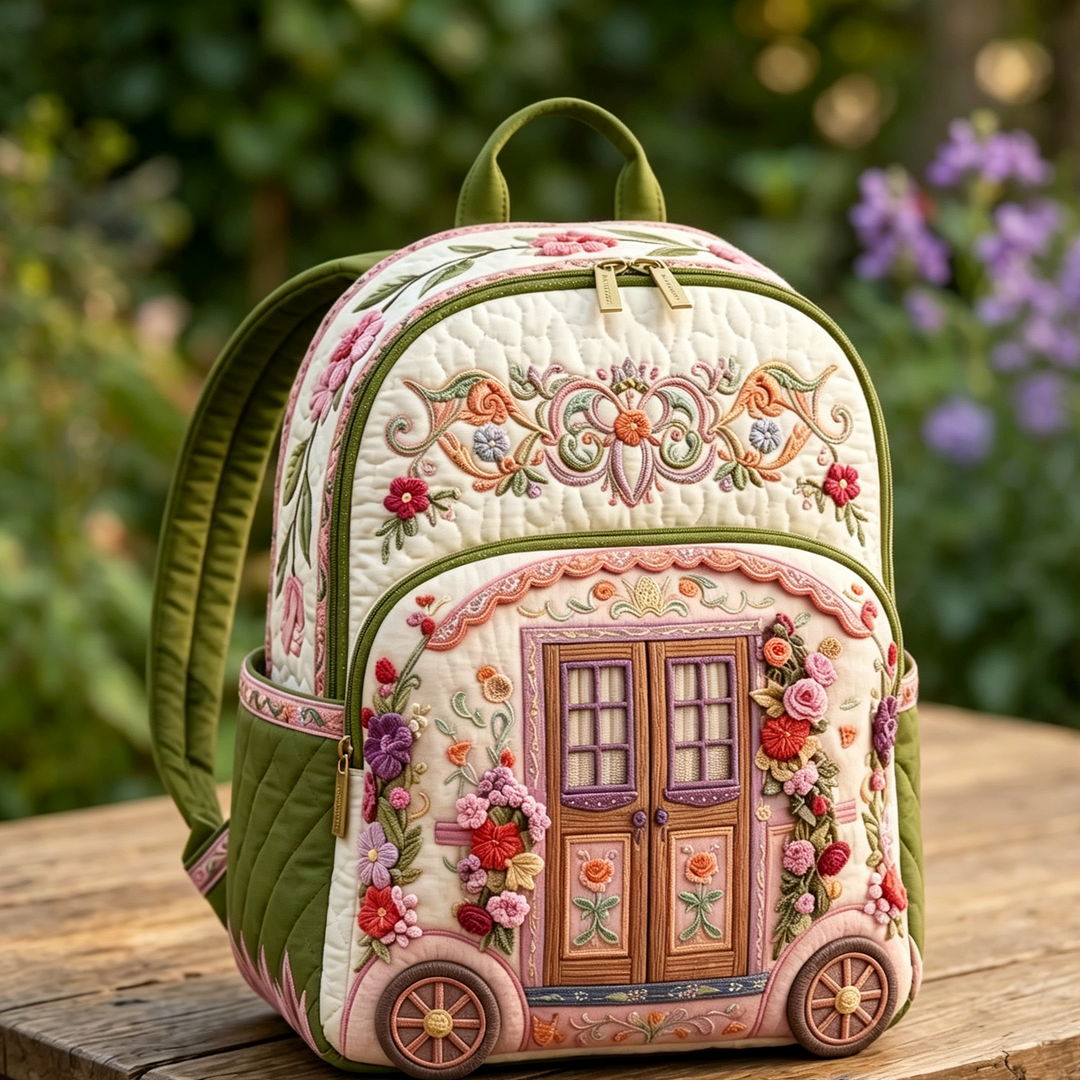 Gesteppter Rucksack – Wohnwagen mit Blumen von Brigitte Wien