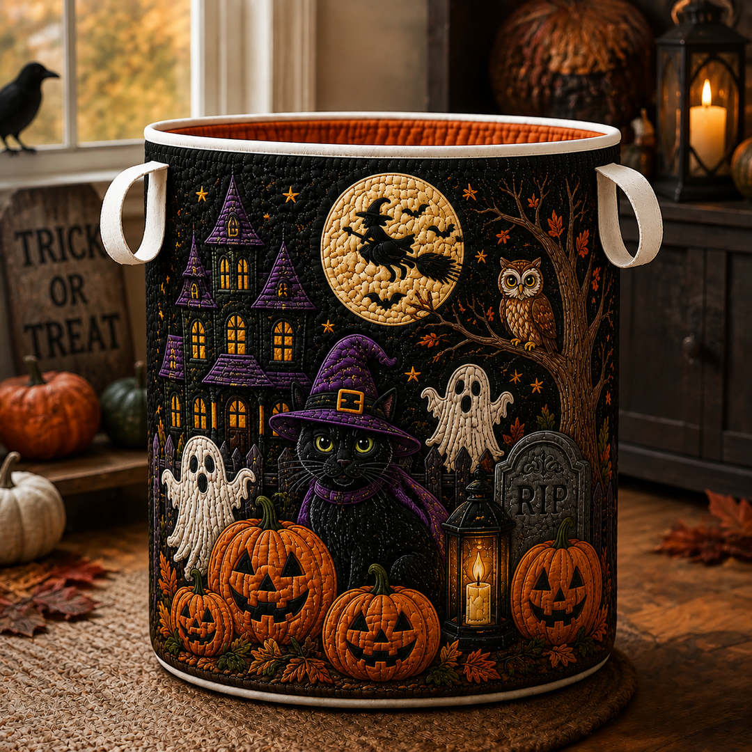 Gesteppter Wäschekorb – Halloween-Eule, Gespenst und Katze