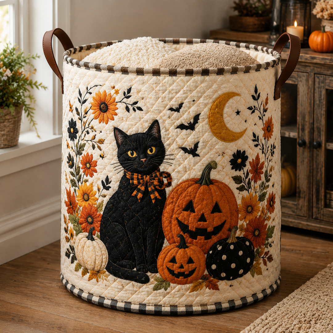 Gesteppter Wäschekorb – Schwarze Katze und Herbstkürbisse