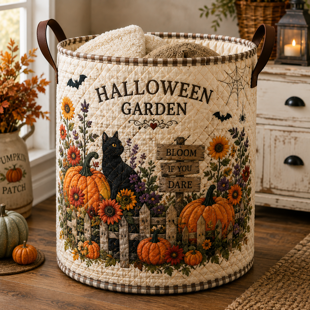 Gesteppter Wäschekorb – Katze im Halloween-Garten