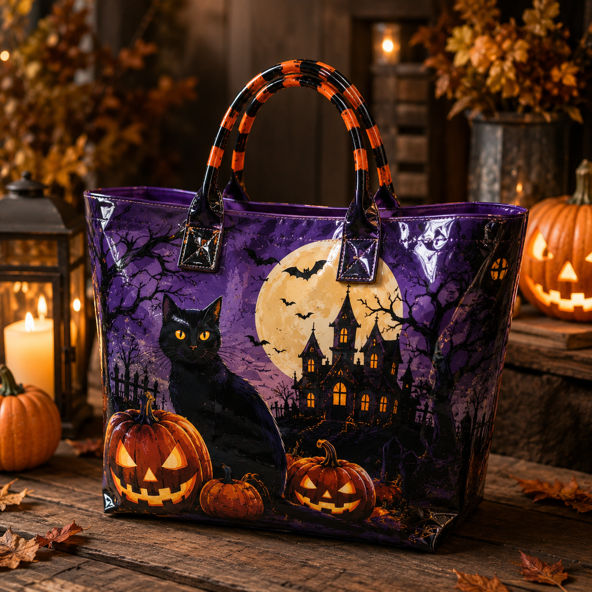 Purple Halloween tote bag with a black cat, pumpkins and haunted house