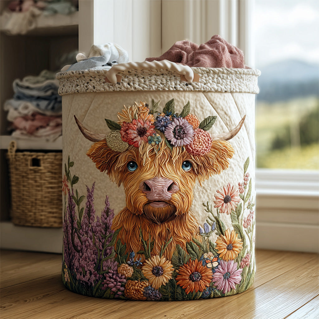 Gesteppter Wäschekorb – mit Highland-Kuh und Blumen NCU0PVL440