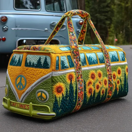 Gesteppte Reisetasche – Hippiebus mit Sonnenblumen