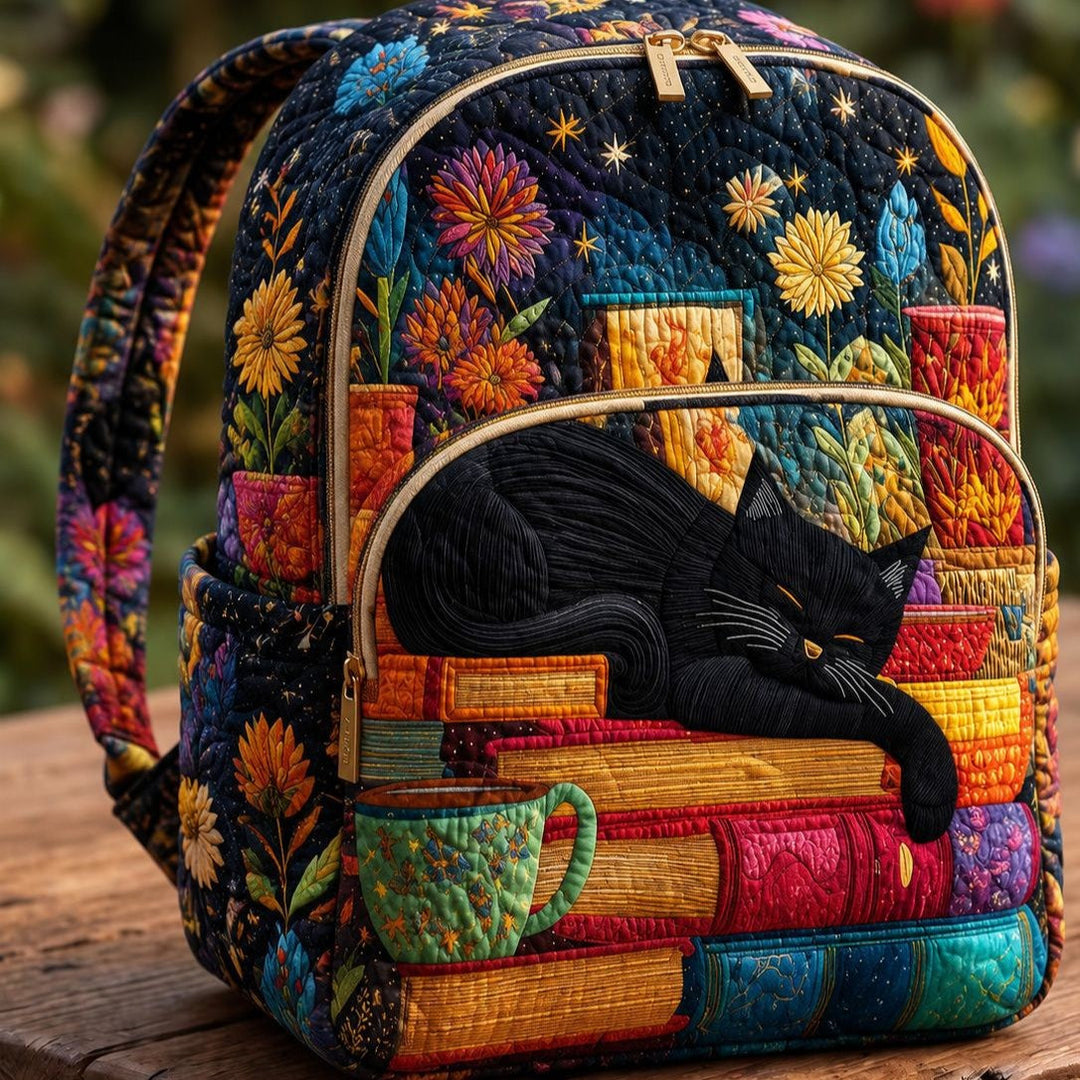 Gesteppter Rucksack – Schwarze Katze auf Büchern von Brigitte Wien