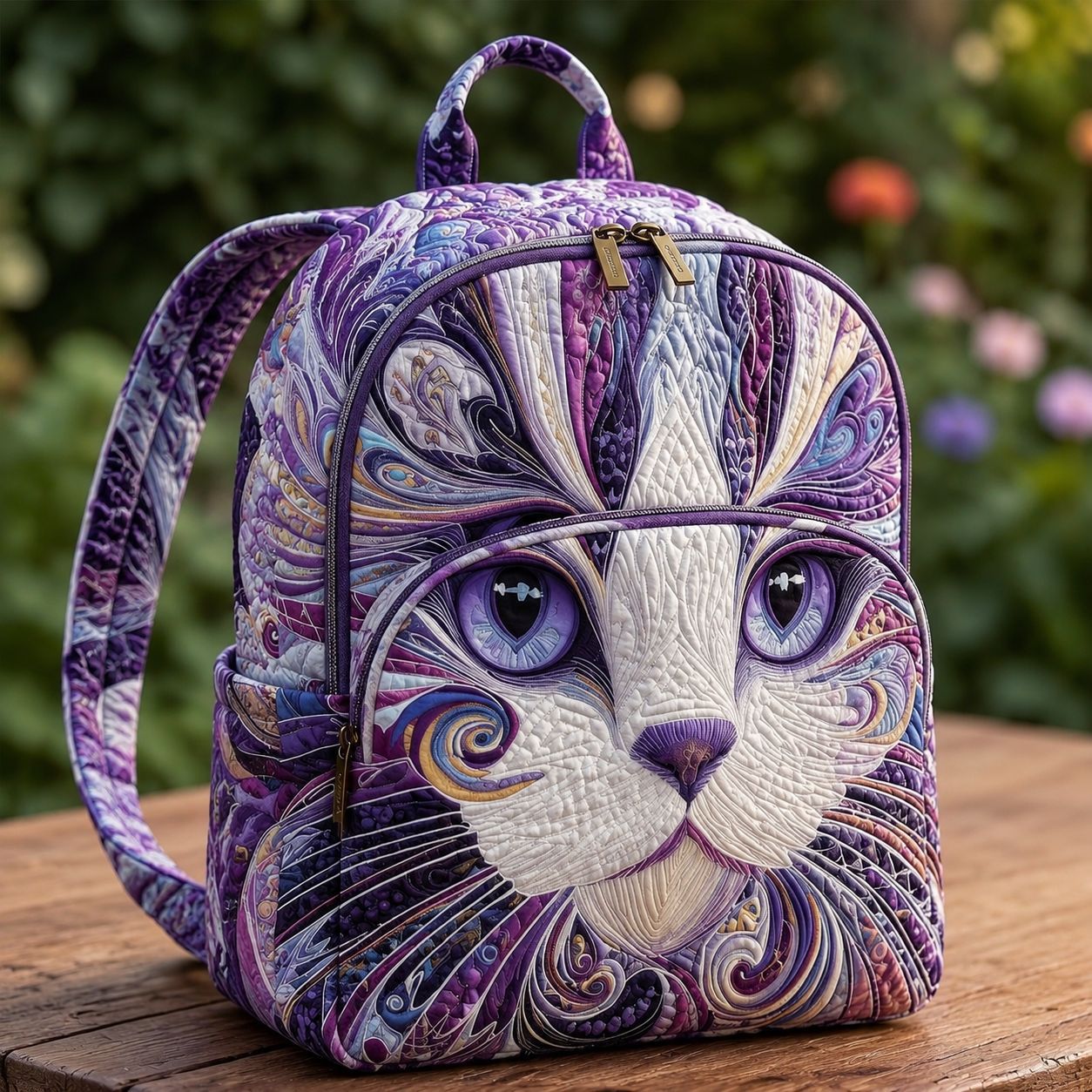 Gesteppter Rucksack – Künstlerisches Katzenmotiv in Lila von Brigitte Wien