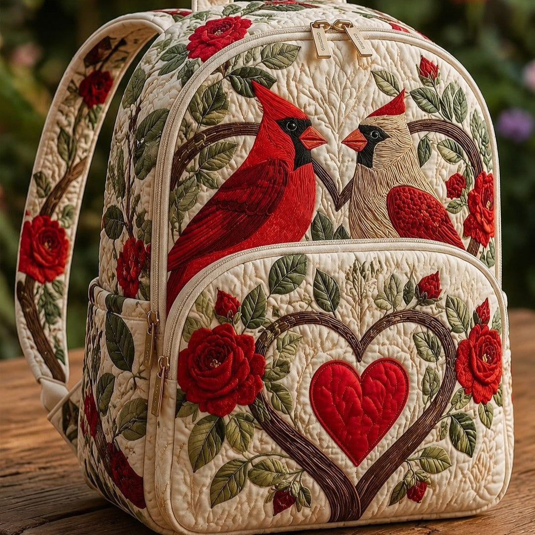 Gesteppter Rucksack – Rote Vögel und Rosen von Brigitte Wien
