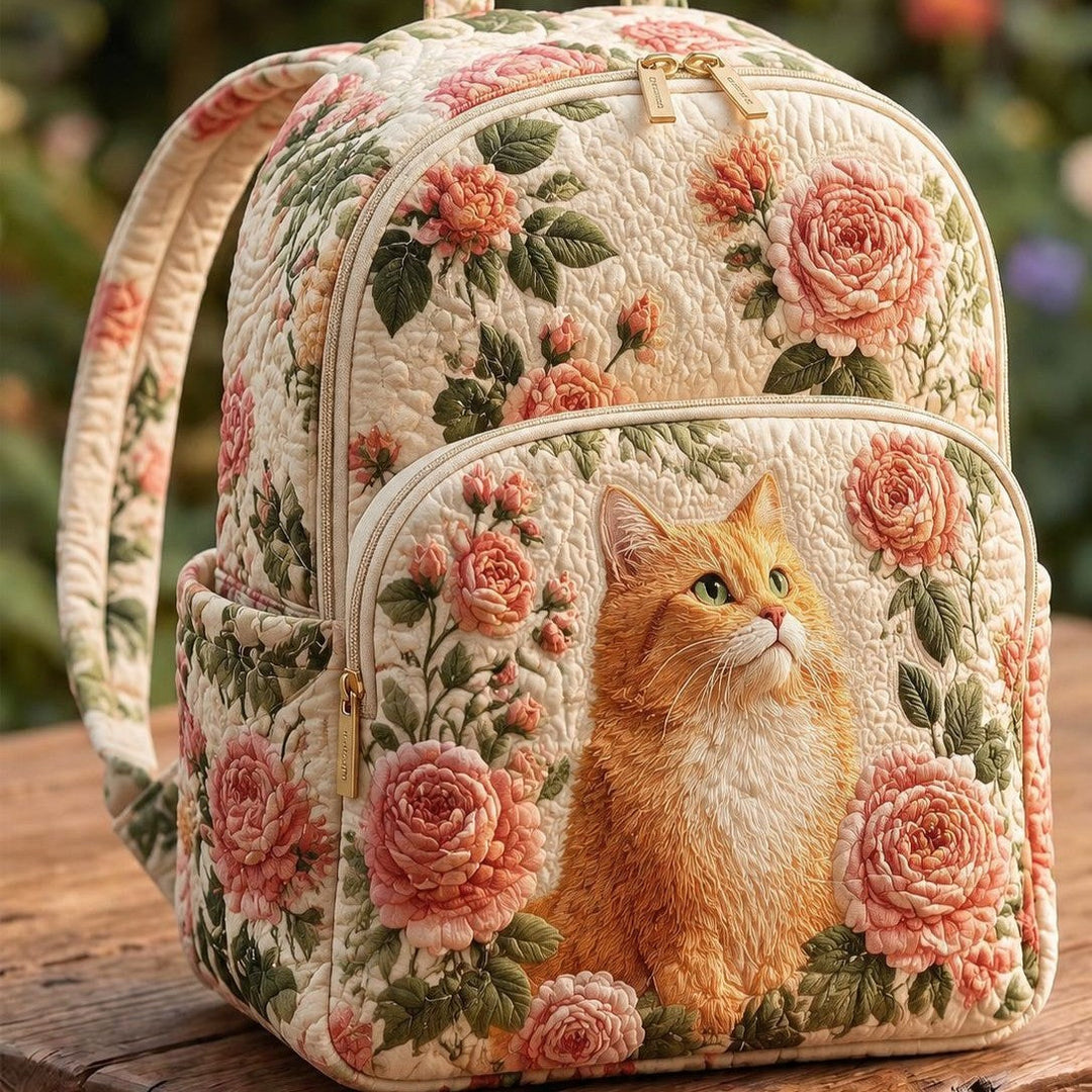 Gesteppter Rucksack – Rote Katze und Rosen von Brigitte Wien