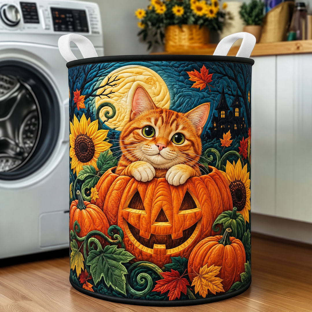 Gesteppter Wäschekorb – Rote Katze mit Kürbissen und Sonnenblumen