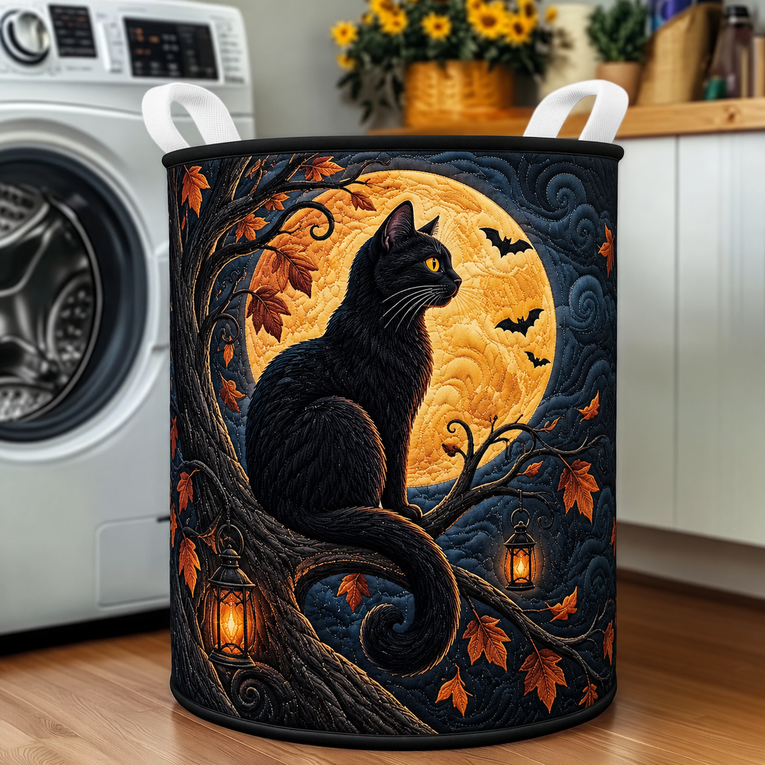 Gesteppter Wäschekorb – Schwarze Katze unter dem Halloween-Vollmond