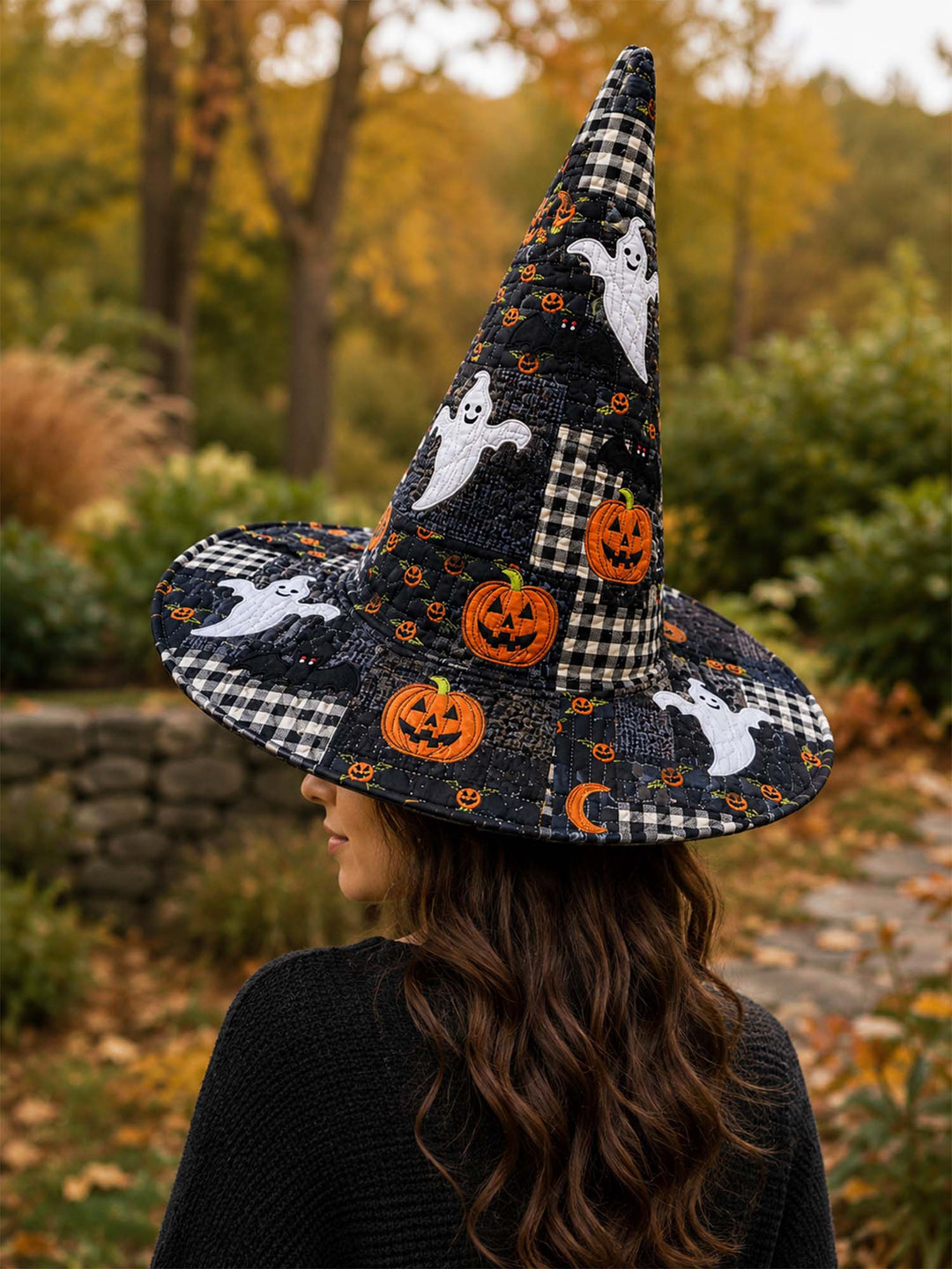 Handgefertigter gesteppter Hexenhut – Halloween-Gespenster