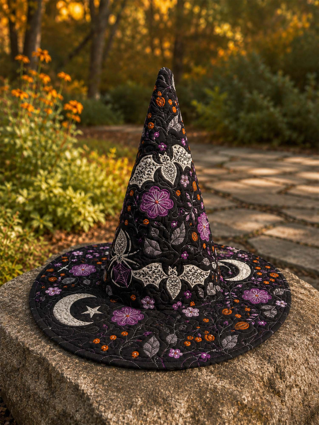 Handgefertigter gesteppter Hexenhut – Fledermäuse, Blumen und Halloween-Mond