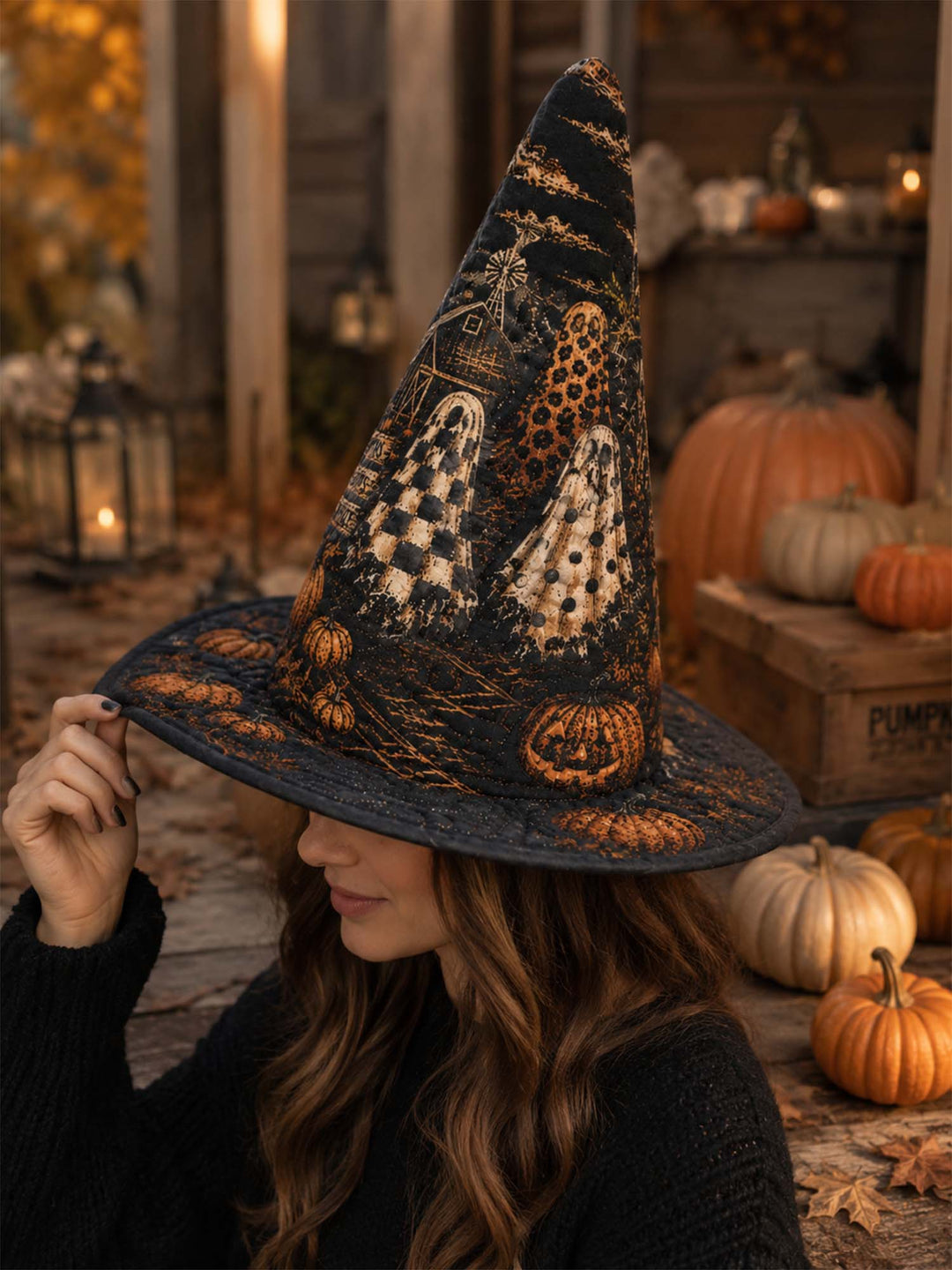 Handgefertigter gesteppter Hexenhut – Spukkürbisse zu Halloween