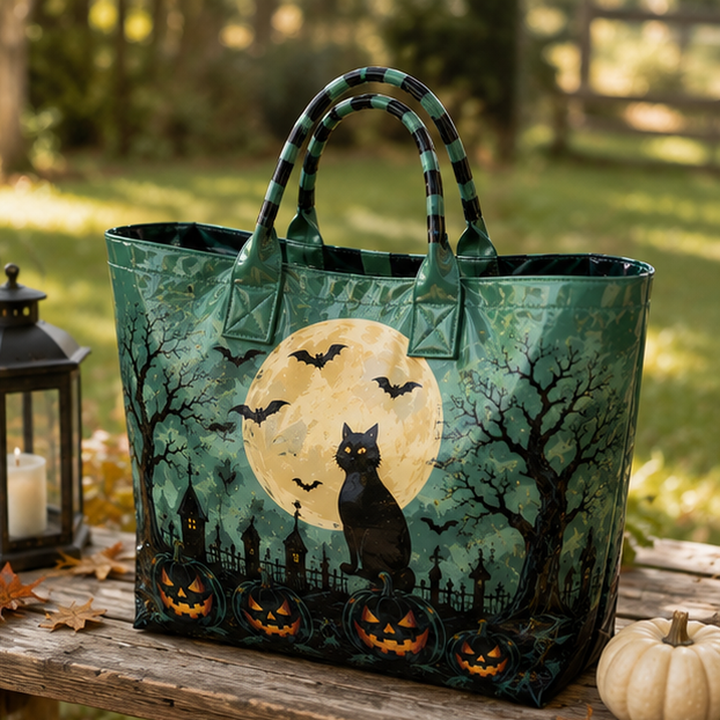 PVC-Tragetasche – Schwarze Halloween-Katze in Grüntönen