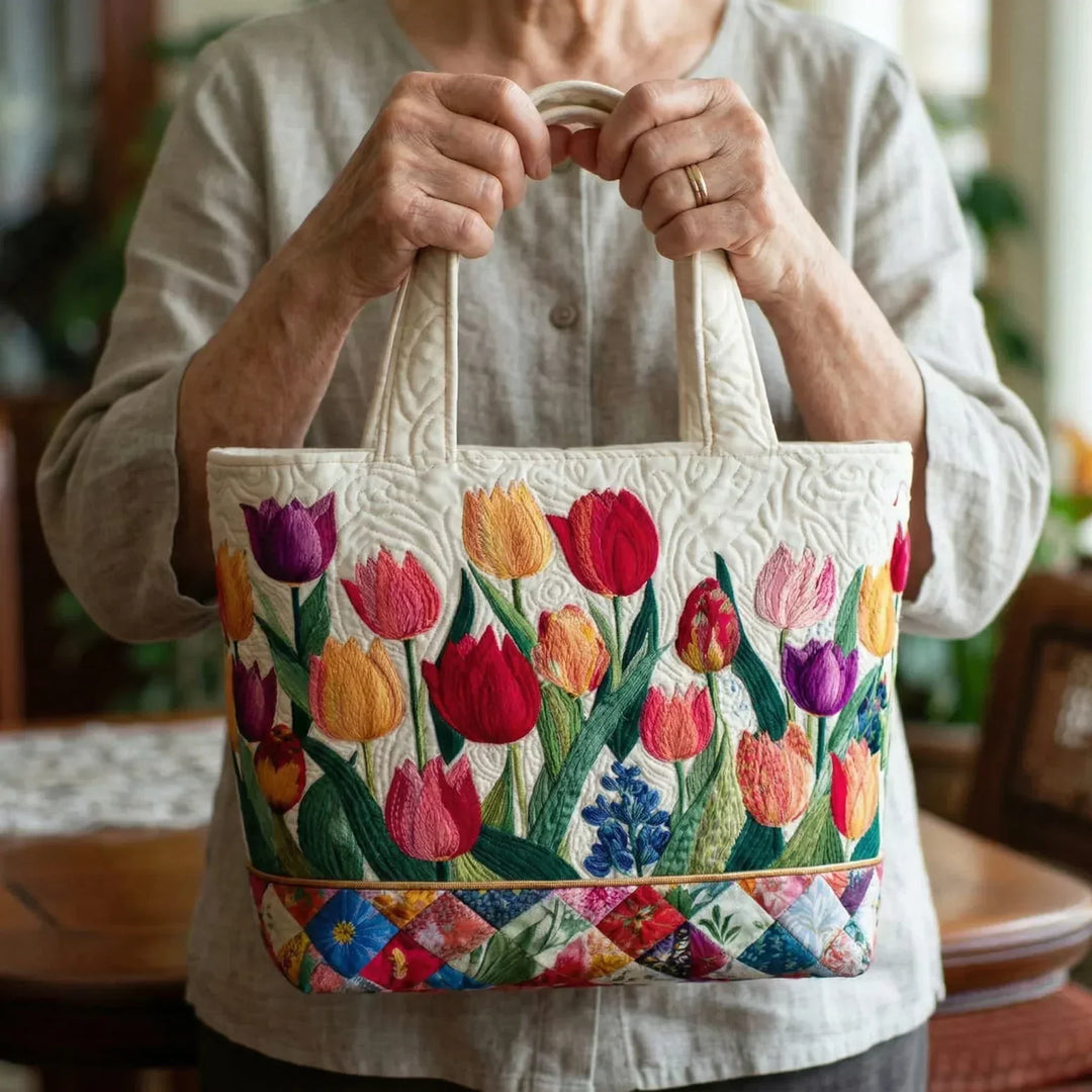Handgefertigte Stepptasche – Tulpengarten